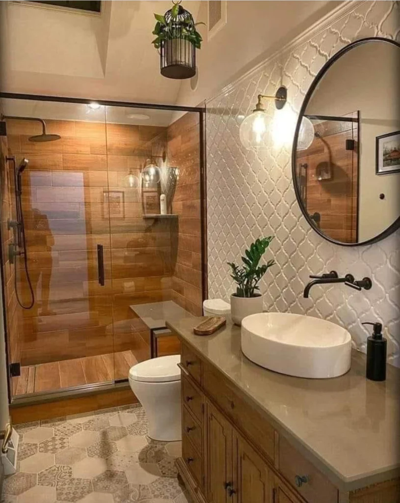 brown and wooden themed bathroom